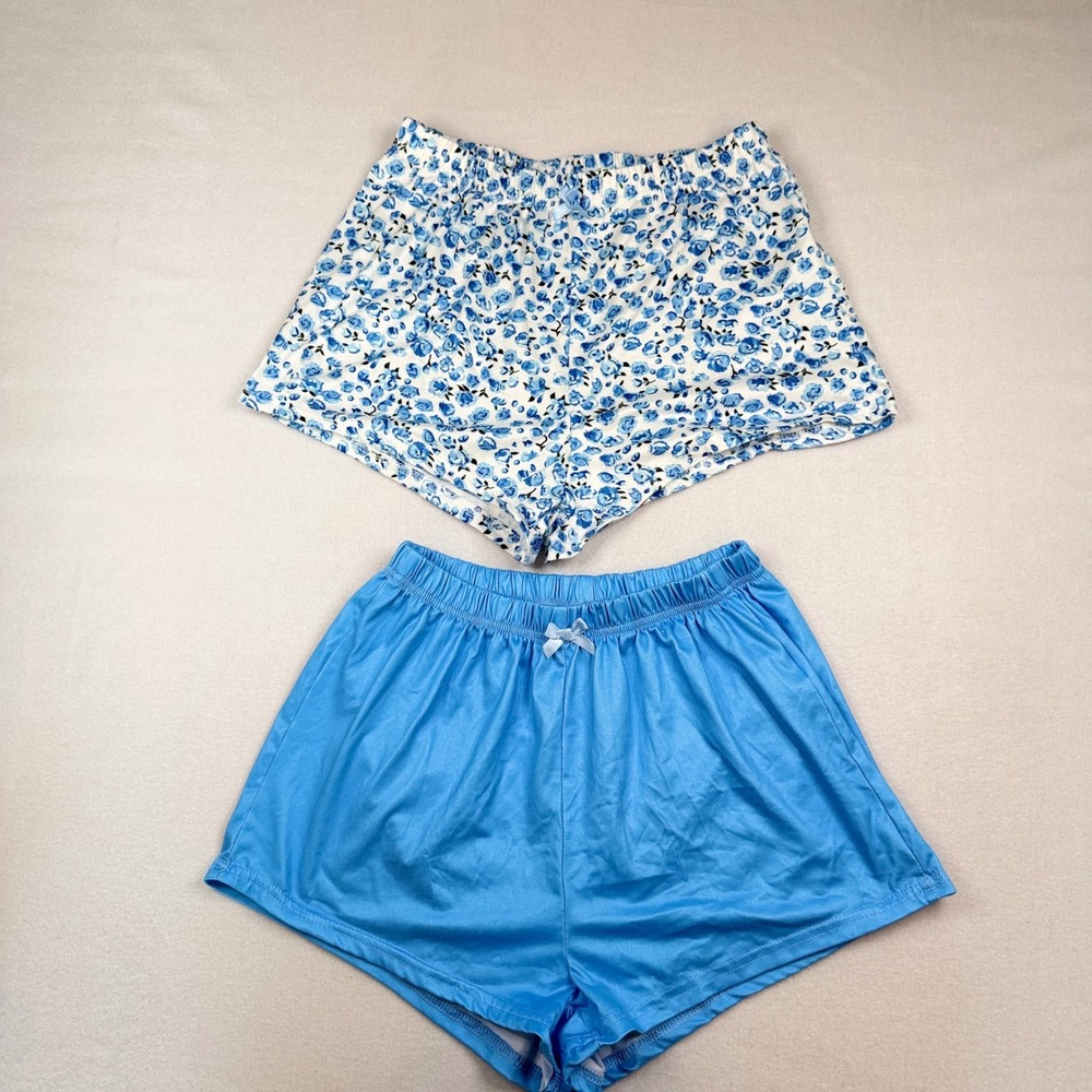 Blue Floral and Solid Pajama Shorts Set of 2 Elastic Waist Lounge Sleepwear M